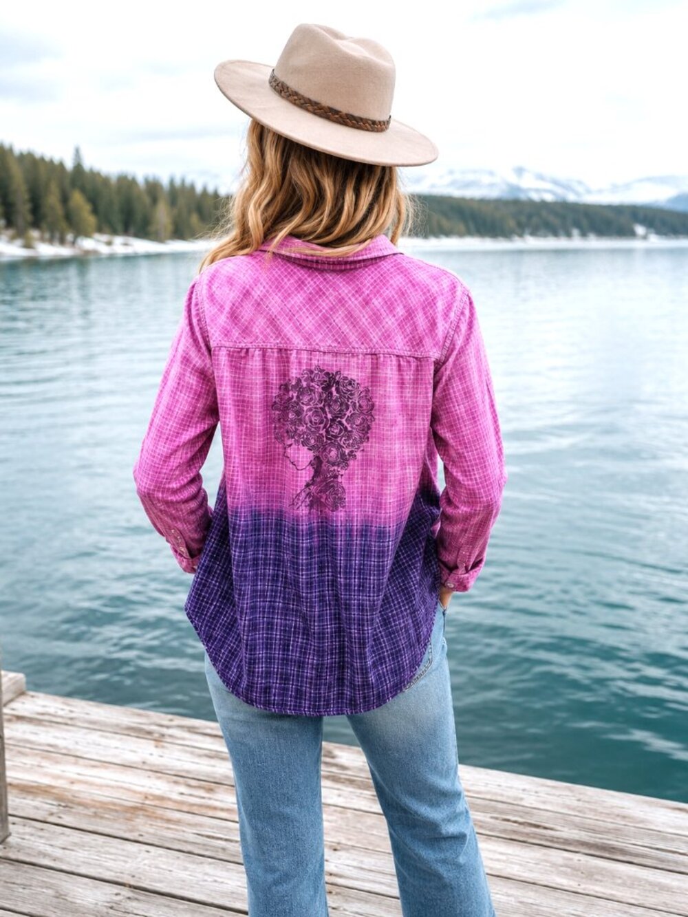 Upcycled Bleached Flannel Shirt, Painted Fancy Lady Top Pink Blue Brown Size XS